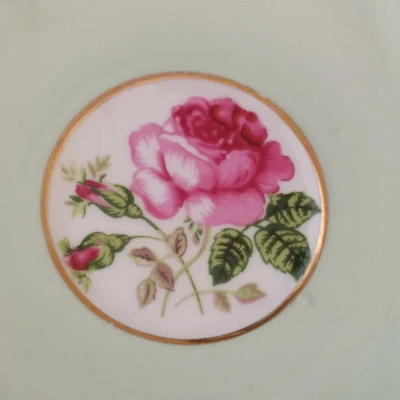 Windsor Bone China Macaron Green Glaze Pink Rose Teacup & Saucer - Picture 5 of 6